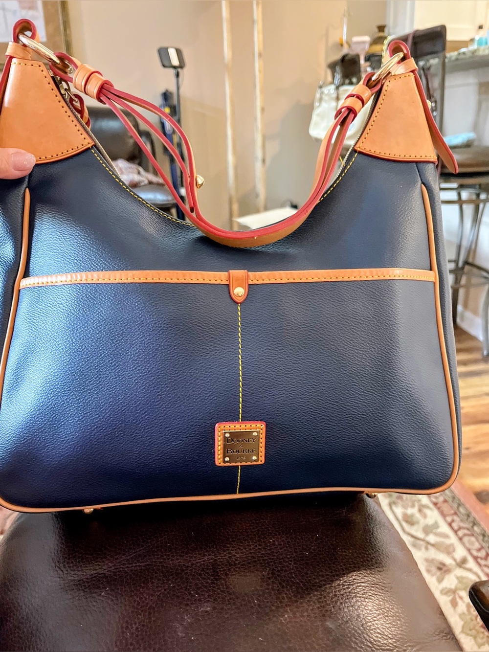 NWOT Authentic Dooney & Bourke Rebecca Navy Leather Shoulder Bag with Tan Trim